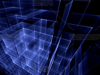 Abstract computer-generated image glowing blue cubes on dark bac