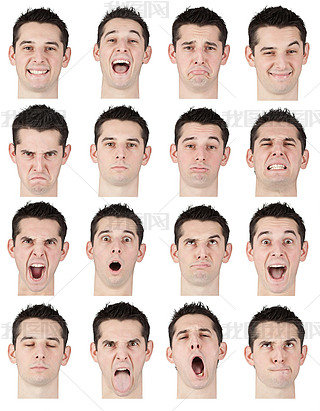 brunette short hair young caucasian man collection set of face expression like happy, sad, angry, su