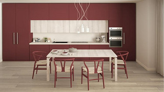 Modern minimal red kitchen with wooden floor, classic interior d