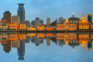 Skyline of The Bund, marvellous historical buildings and Huangpu River on sunset, Shanghai, China