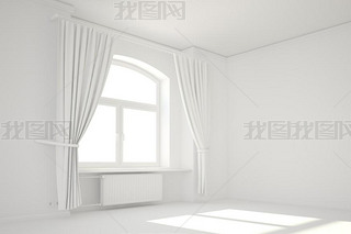 Empty white room with window and curtain