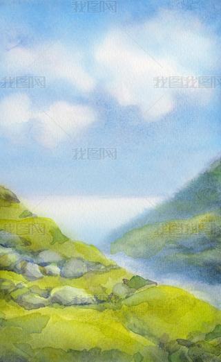 Watercolor landscape. Cloudy summer day in mountains near lake