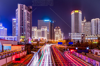 The architectural landscape of Qingdao city center and the light