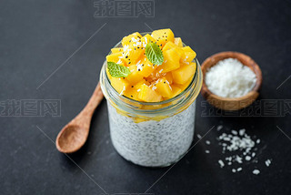 Healthy chia pudding with mango and coconut