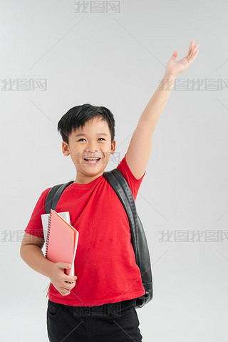 Back to school. Happy exciting child boy ready to study with backpack isolated on white. Kid win and