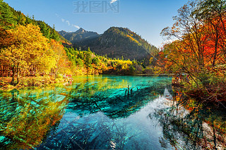 Beautiful view of the Five Flower Lake with azure water