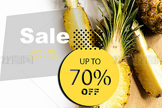 top view of cut juicy pineapple on cutting board on white background with sale illustration