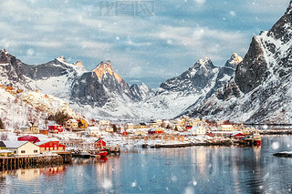 Beautiful fishing village in snow valley on winter