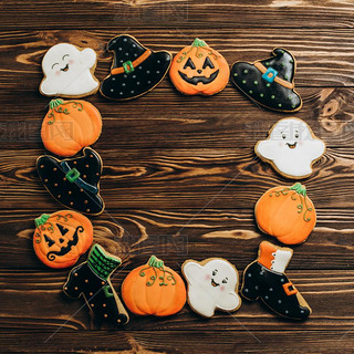 Funny delicious ginger biscuits for Halloween on the table. horizontal view from above