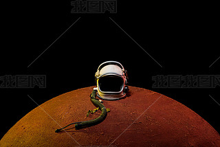 helmet from spacesuit lying on mars planet in black universe