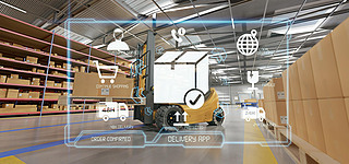 View of a Logistic delivery service application on a warehouse background 3d rendering