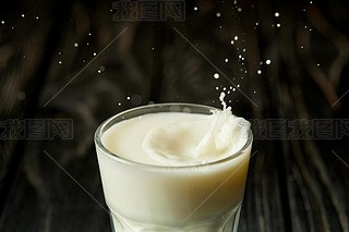 closeup view of splashing drops of milk from glass 