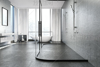 Gray concrete bathroom, shower