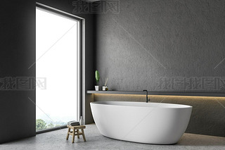 Corner of modern bathroom with gray walls, concrete floor and white bathtub standing next to a shelf