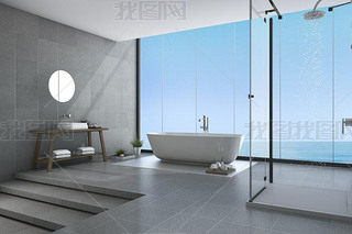 3d rendering beautiful steps modern bathroom near sea view