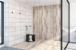 Wooden tiles bathroom corner, shower