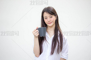 portrait of thai china adult office girl white shirt drinking coffee