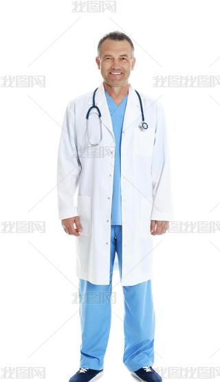 Full length portrait of experienced doctor in uniform on white background. Medical service