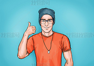 Smiling hipster man in glasses with Like sign. Advertising design with person that guarantees the qu