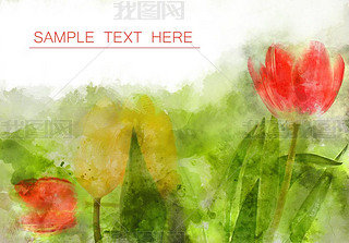 floral watercolor tulips background for card or other design, white space for sample text