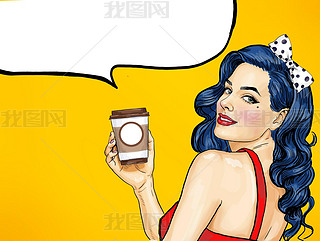 Smiling Pop Art woman with coffee cup. Advertising poster or party invitation with y girl with wo