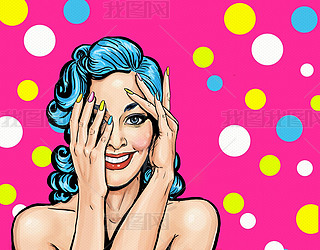 Surprised iling girl. Comic woman. Sexy girl. Amazed woman. Party invitation. Birthday card. Holl