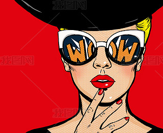 Pop art thinking woman in black hat in glasses.Wow female face.Saxy amazed yong girl with open mouth