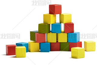 Toy blocks pyramid, multicolor wooden bricks stack no white background
