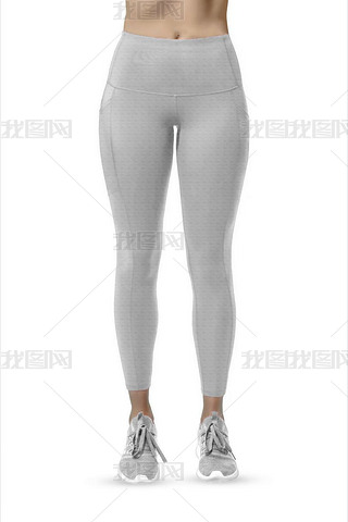 Beautiful slim female legs in white sport leggings and running shoes isolated on white background. C
