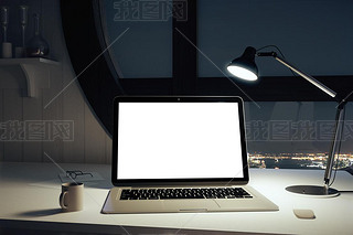 Blank white laptop screen on the table and lamp in the office wi