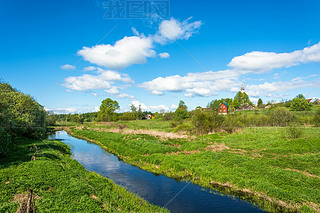 Panorama of the village of Mikhailovskoye in a Sunny spring day.