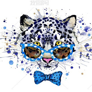 white leopard T-shirt graphics. cool leopard illustration with splash watercolor textured  backgroun