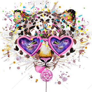 leopard T-shirt graphics. leopard illustration with splash watercolor textured  background. unusual 