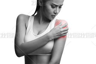 young muscular woman with shoulder pain,isolated on white background with clipping path