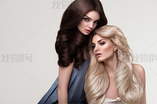 Brown and Blonde Hair. Portrait of Beautiful Womans with Long Ha