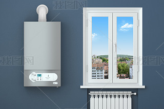 Heating house. Gas boiler, window, heating radiator.