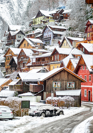 Wooden houses in Hallstatt, austrian alpine village by Salzburg, Austria