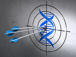 Healthcare concept: arrows in DNA target on wall background
