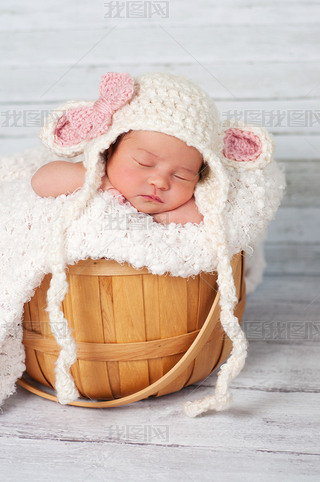 Newborn girl wearing a crocheted lamb hat and sitting in a basket