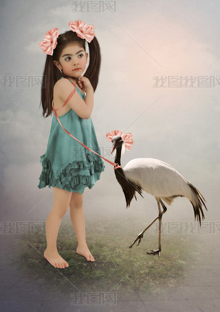 little girl with long hair  and bird