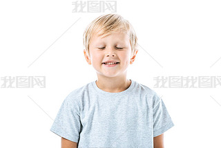 cheerful kid with closed eyes iling isolated on white 