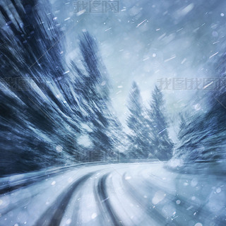 Dangerous winter snowfall road driving