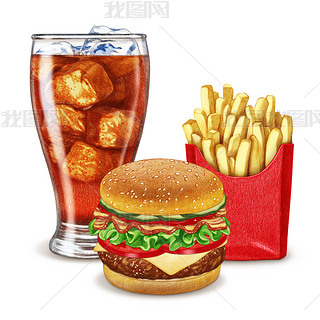 Soft drink, Cheeseburger and French fries. 