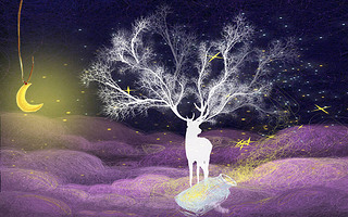 Huge white magic deer with big horns against the background of the dark starry sky, a yellow crescen