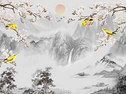 风景图，灰色的山，树木，日出在雾中，黄色的鸟坐在一棵树的树枝上，盛开的白花