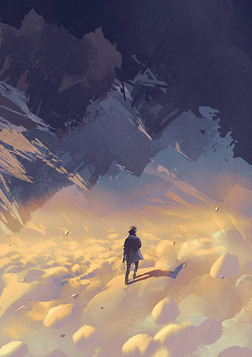 超现实世界的风景显示一个人走在云端看倒置的山, 数字艺术风格, 插图绘画