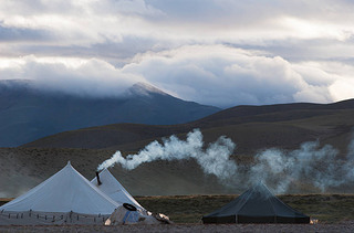 A nomad camp on the shore of lake Manasarovar, western Tibet, China