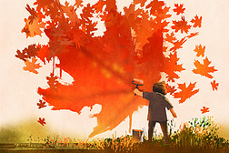 孩子画枫树叶形状在墙上，秋的概念