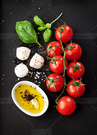 Cherry tomatoes, mozzarella cheese, basil and olive oil