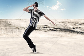 Street dancing man urban fashion with beard. Wearing black woole